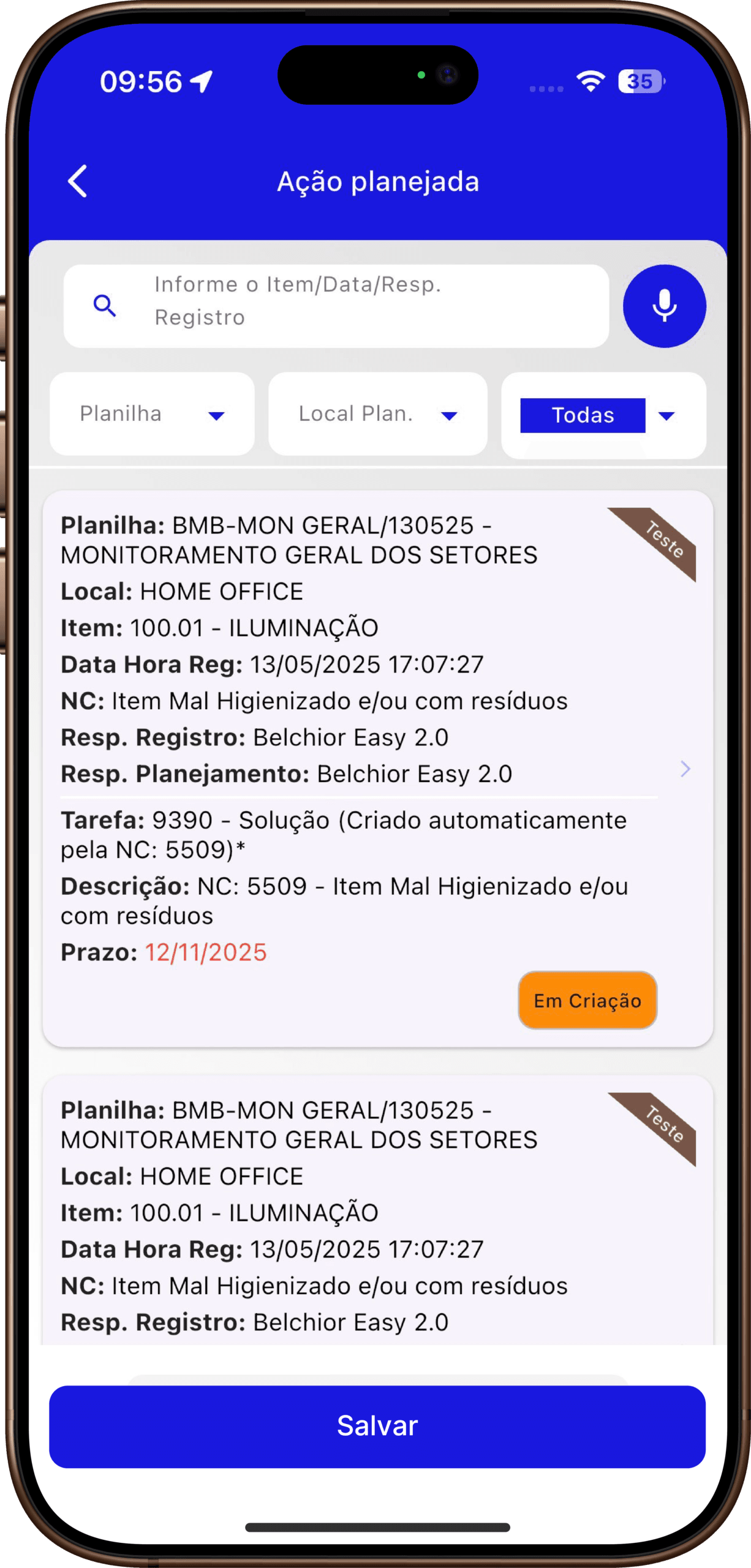 Tela do EasyPAC mostrando a área de ação planejada em um smartphone